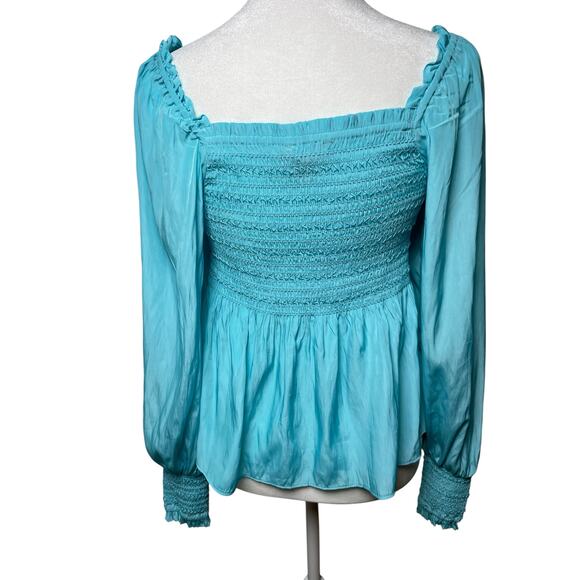 Boston Proper Isabela Smocked Peplum Drama Sleeve Blue Blouse Size XS (2-4) - Picture 2 of 6